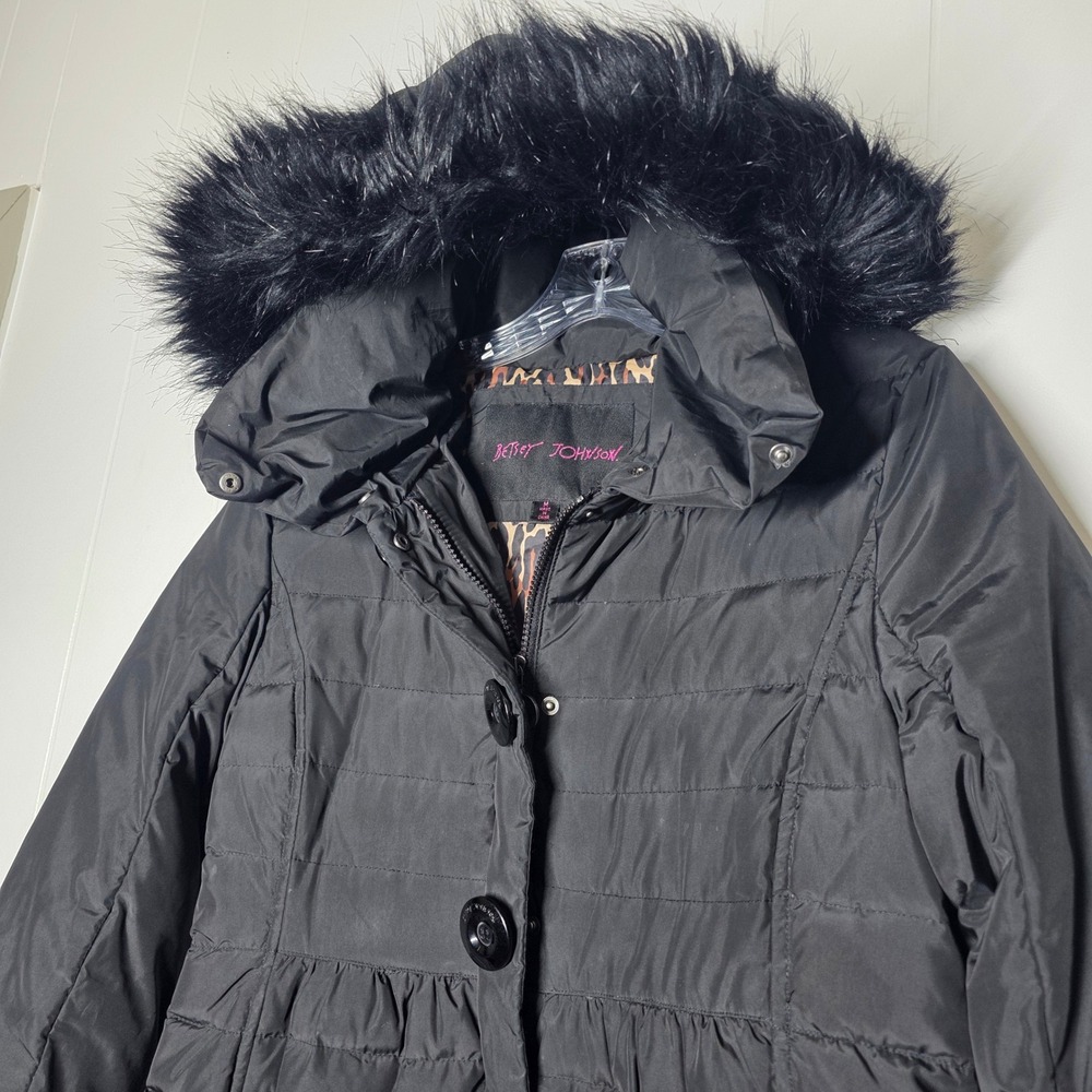 Betsey Johnson Black Puffer Coat Faux Fur Hood Leopard Lining Down Fill Size M - Picture 9 of 13